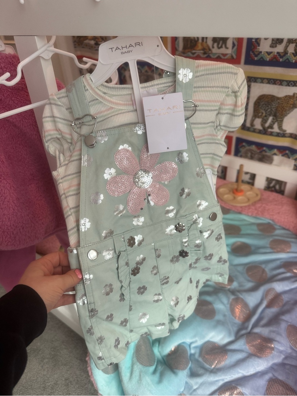 Tahari Baby Mint Green Floral Sequin Overall Dress with Striped Tee